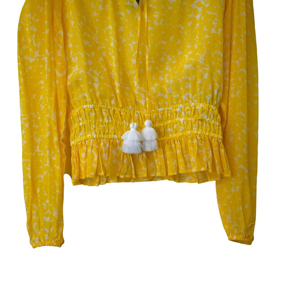 Karina Grimaldi Blouse Top Small Yellow Long Sleeve Ruffle Detail Smocked Waist - Picture 3 of 7